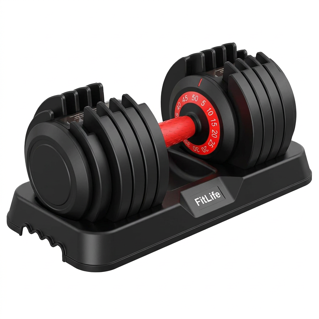 Pair of FitLife adjustable dumbbells: two matte black dumbbells with orange weight dials in their storage trays