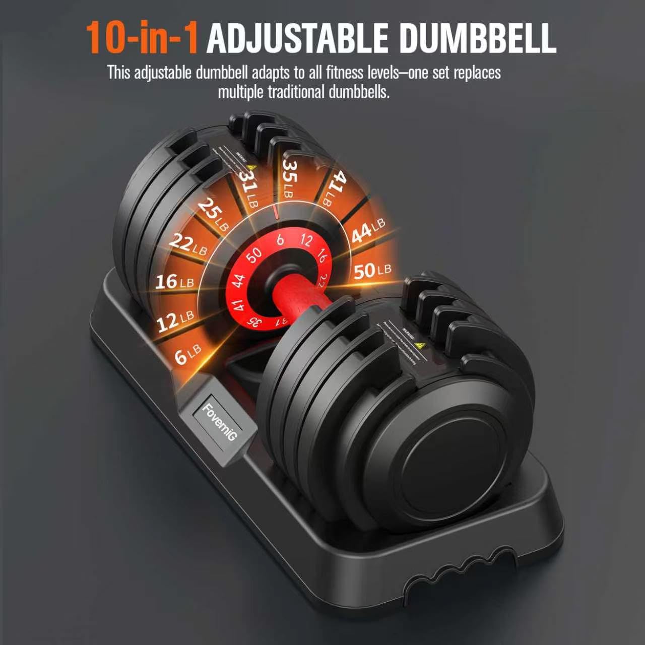 Fingers turning the orange weight dial on a FitLife adjustable dumbbell