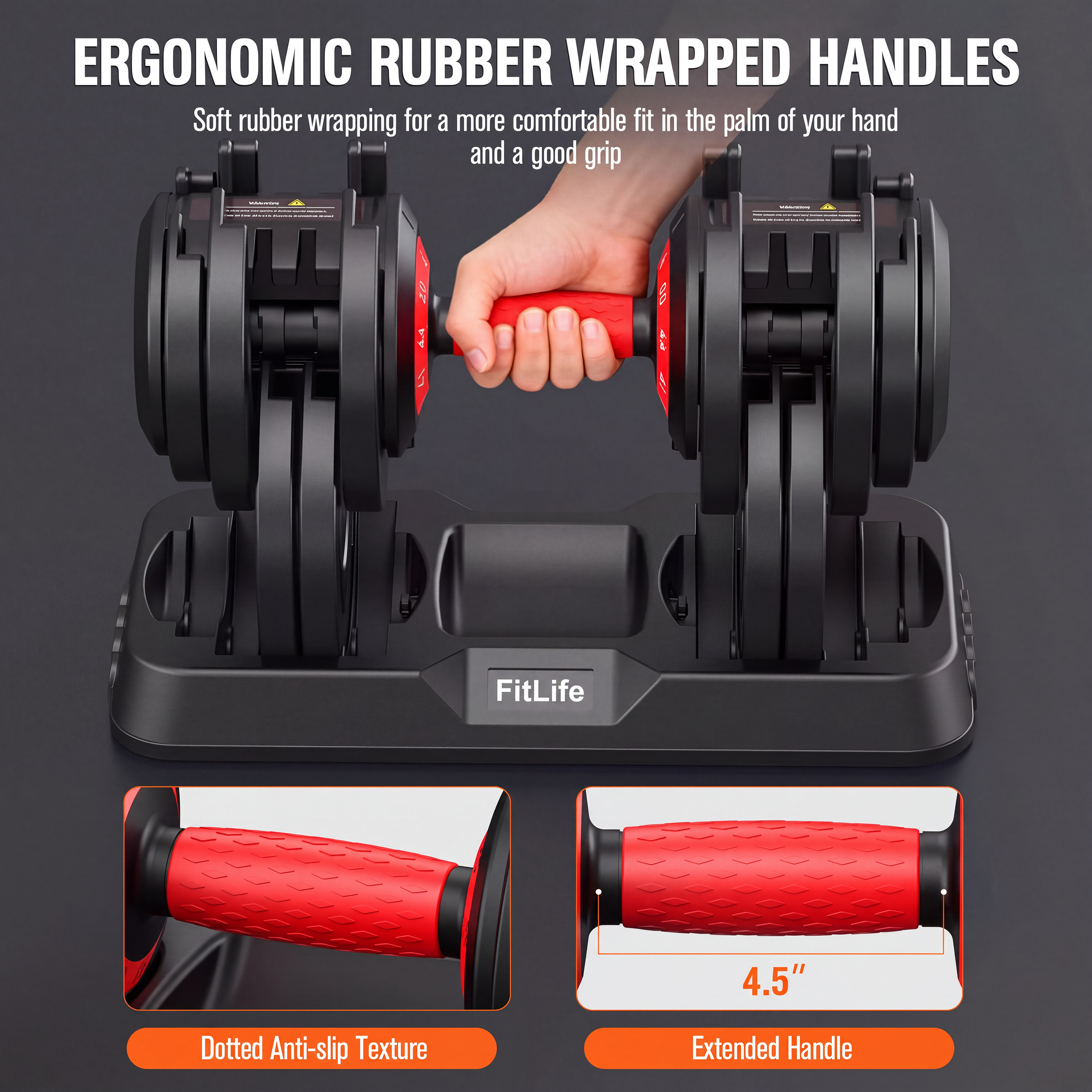 Woman doing an overhead shoulder press at home with FitLife adjustable dumbbells