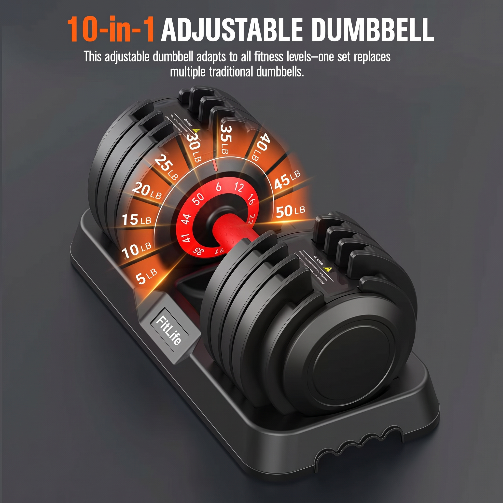 FitLife adjustable dumbbell pair side by side in storage trays