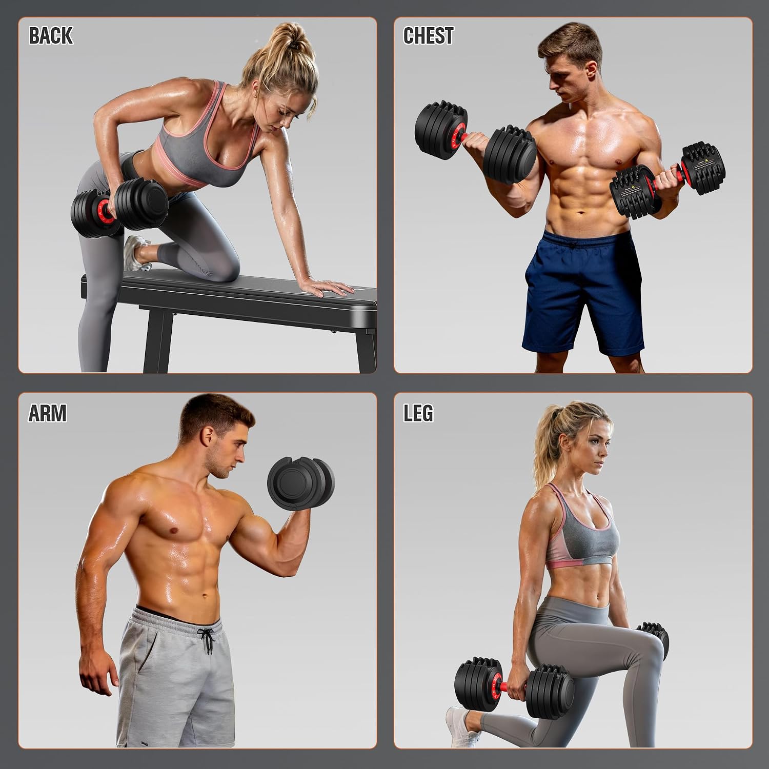 Four workouts with adjustable dumbbells: a single-arm row on a bench for back, dumbbell curls for chest and arms, and a weighted lunge for legs