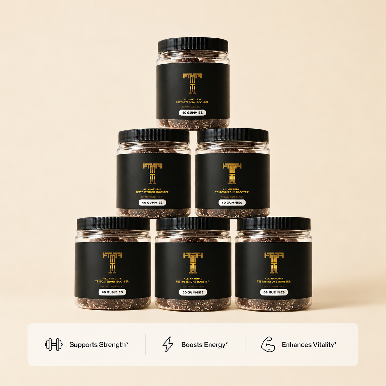 Six jars of The T Gummy stacked in a pyramid, with strength, energy and vitality benefits