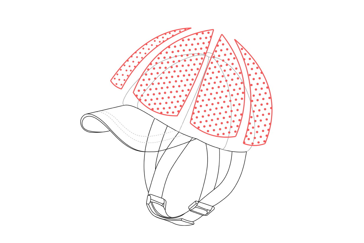 Line drawing of a cap with six ventilated sections highlighted in red dots
