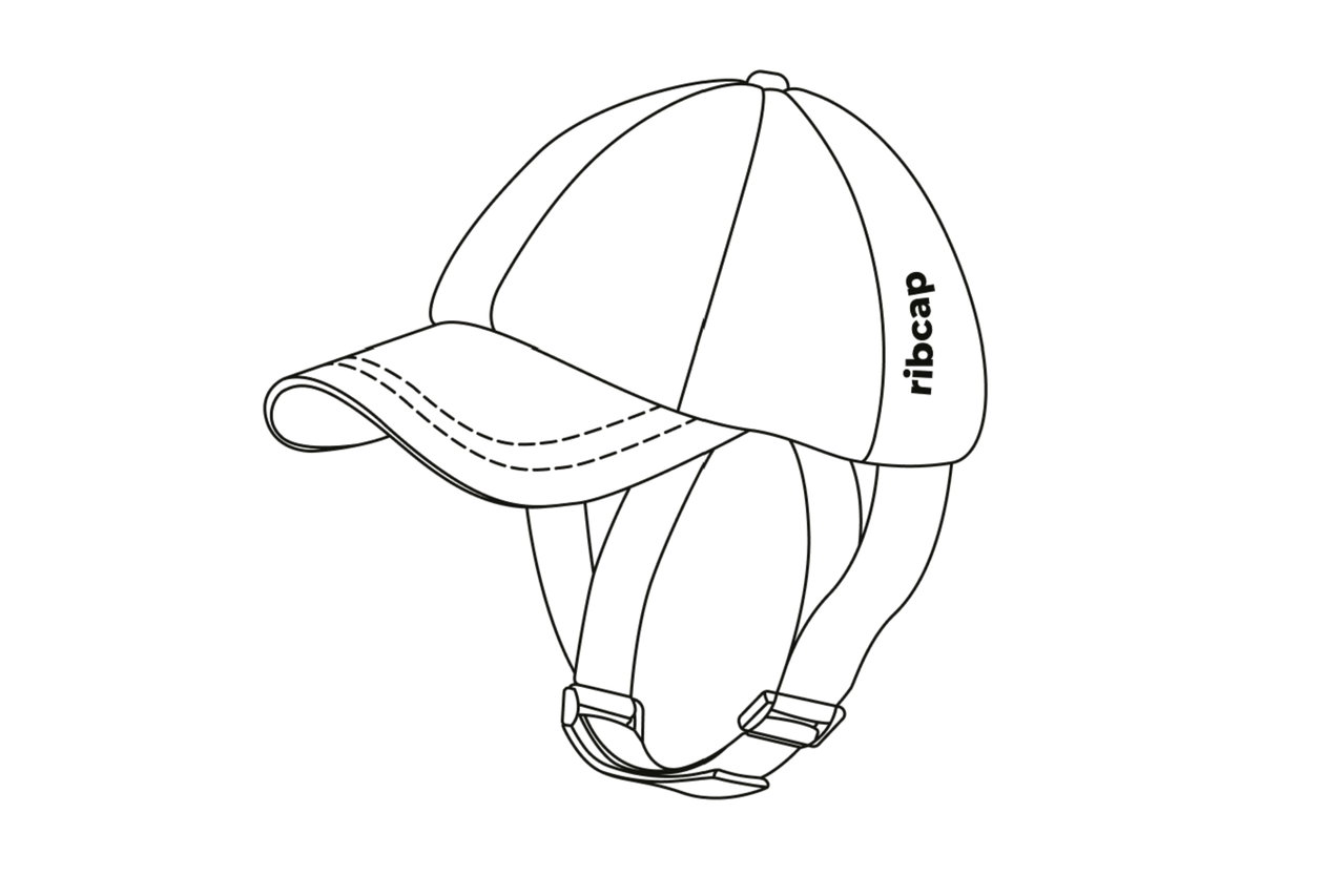 Line drawing of a cap with a brim and adjustable straps hanging below