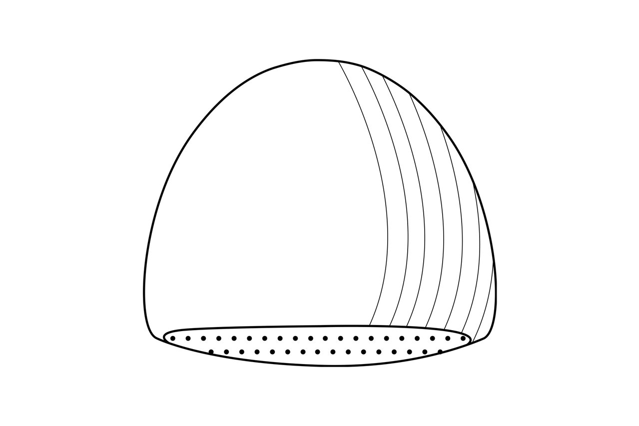 Black and white line drawing of a swimming cap with dotted interior and curved lines on exterior