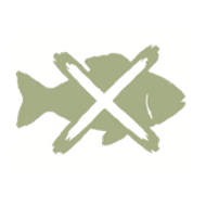 Green fish silhouette with two crossed rifles over it on a yellow background