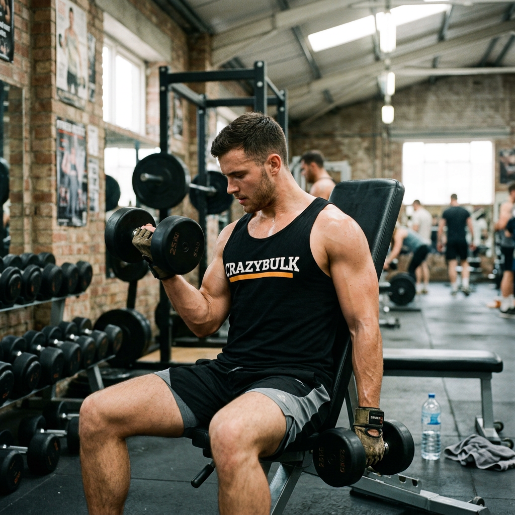 A man sitting on a bench in a gym lifting a dumbbell for bicep curls