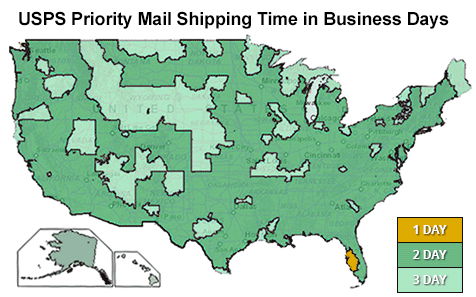 Map of USPS Priority Mail delivery times