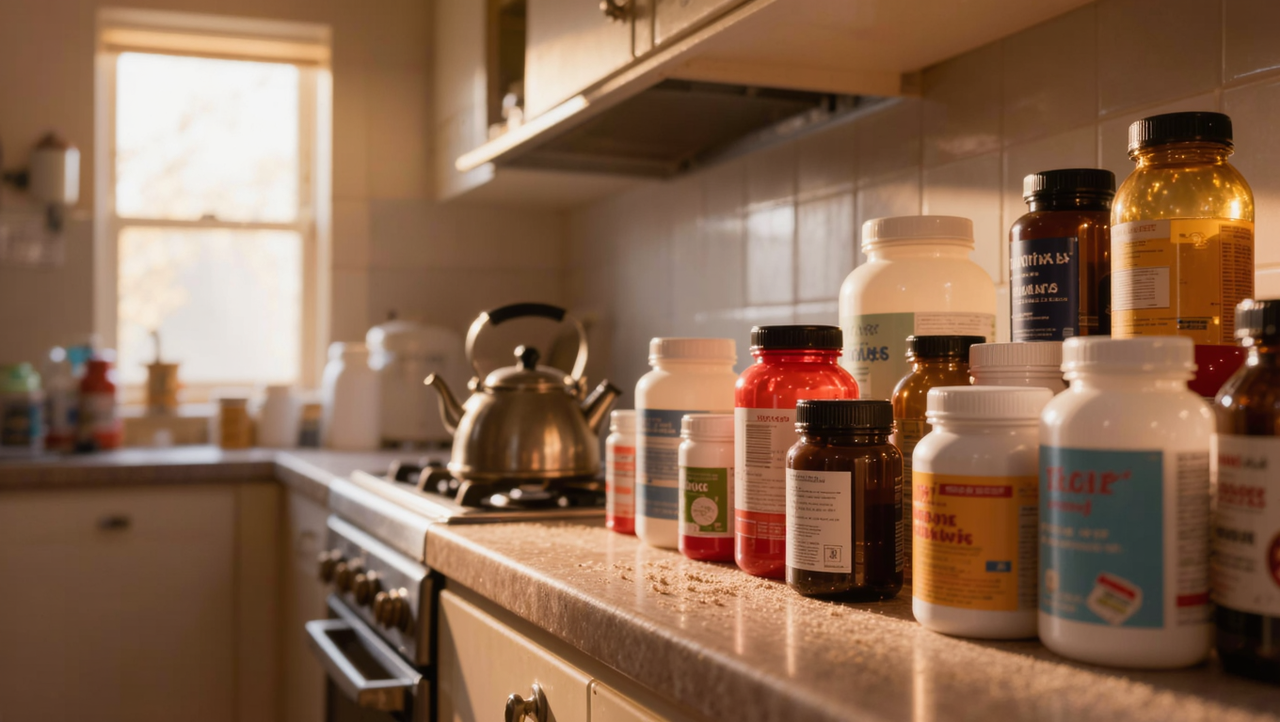 Kitchen counter covered in supplement bottles