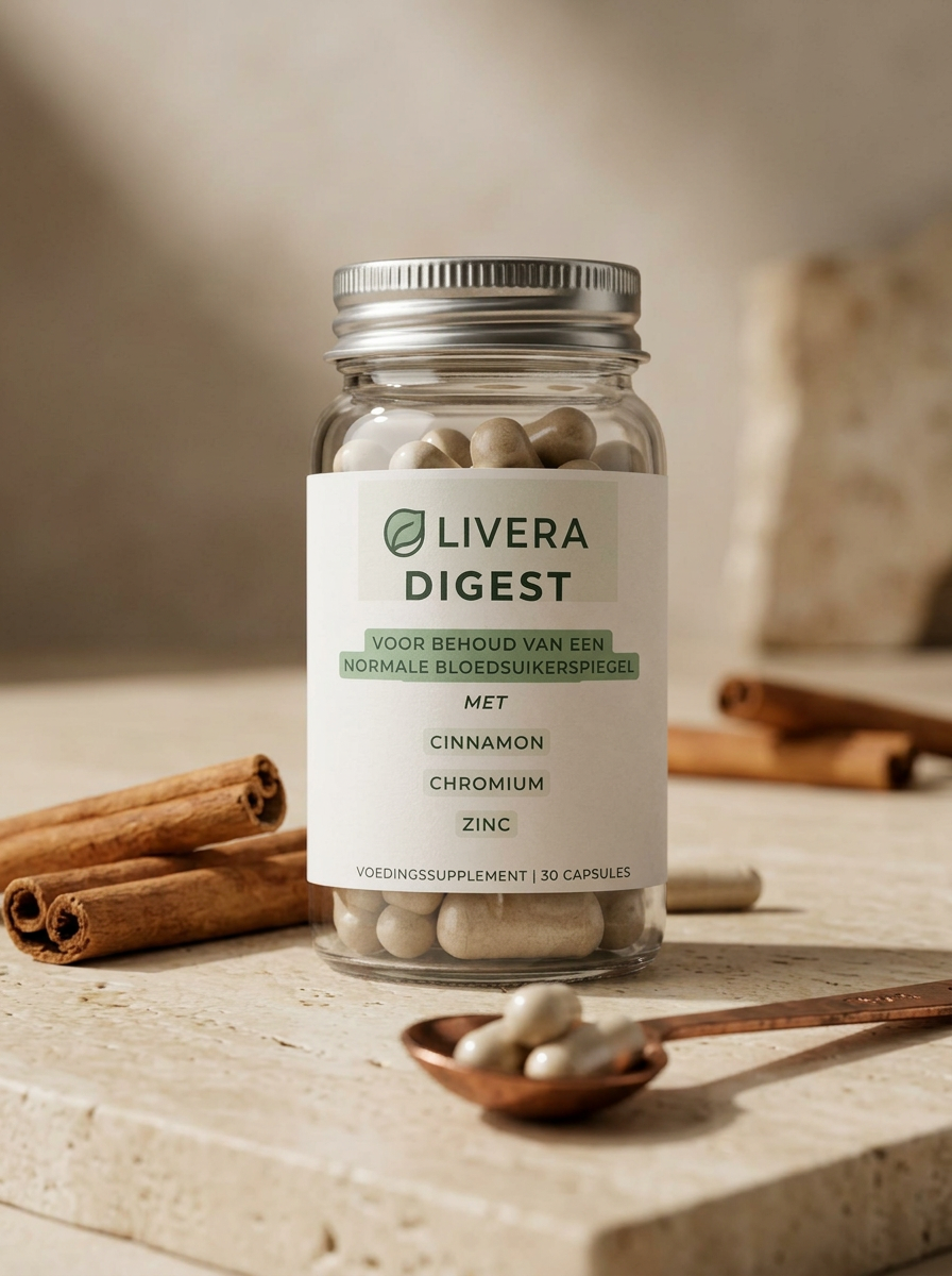 Glass bottle of Livera Digest capsules with cinnamon sticks and spoon on table