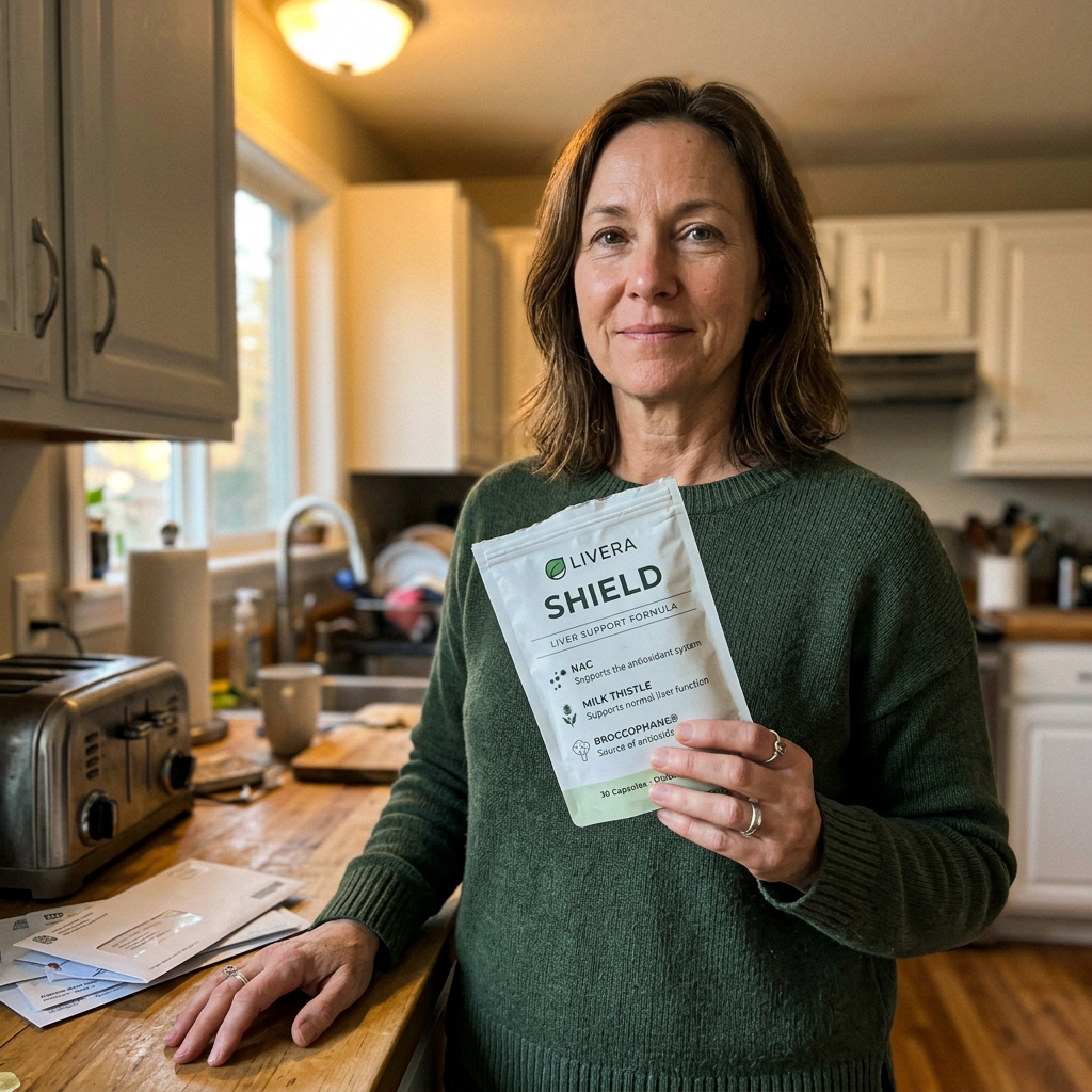 Woman in green sweater holding Livera Shield supplement packet in kitchen