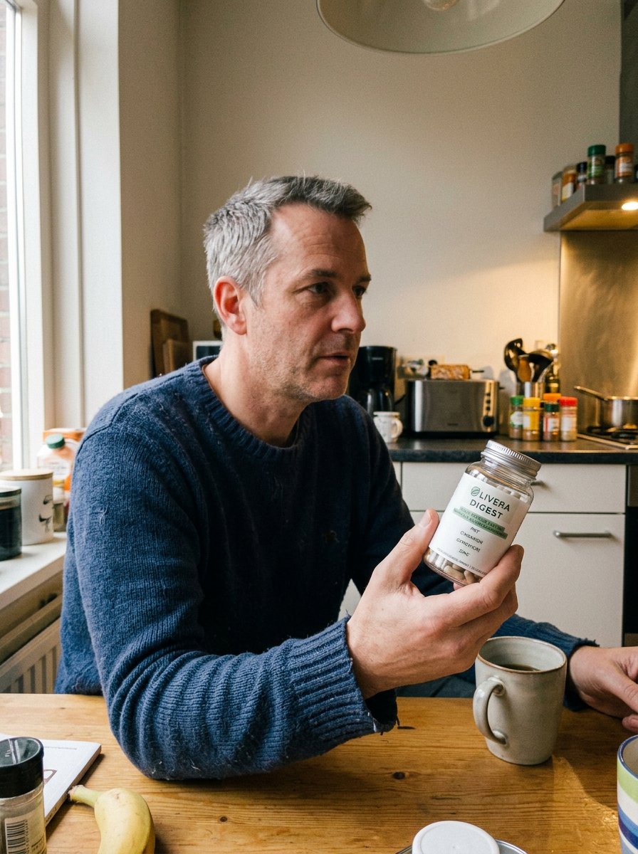 Man sitting at kitchen table holding a bottle labeled Livera Digest, with kitchen appliances and condiments in background