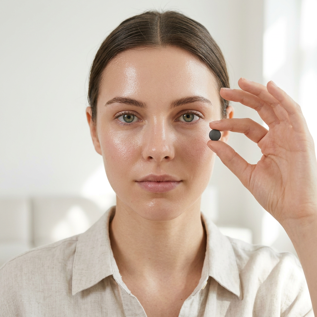 Young woman holding a small dark pill between fingers, looking at camera