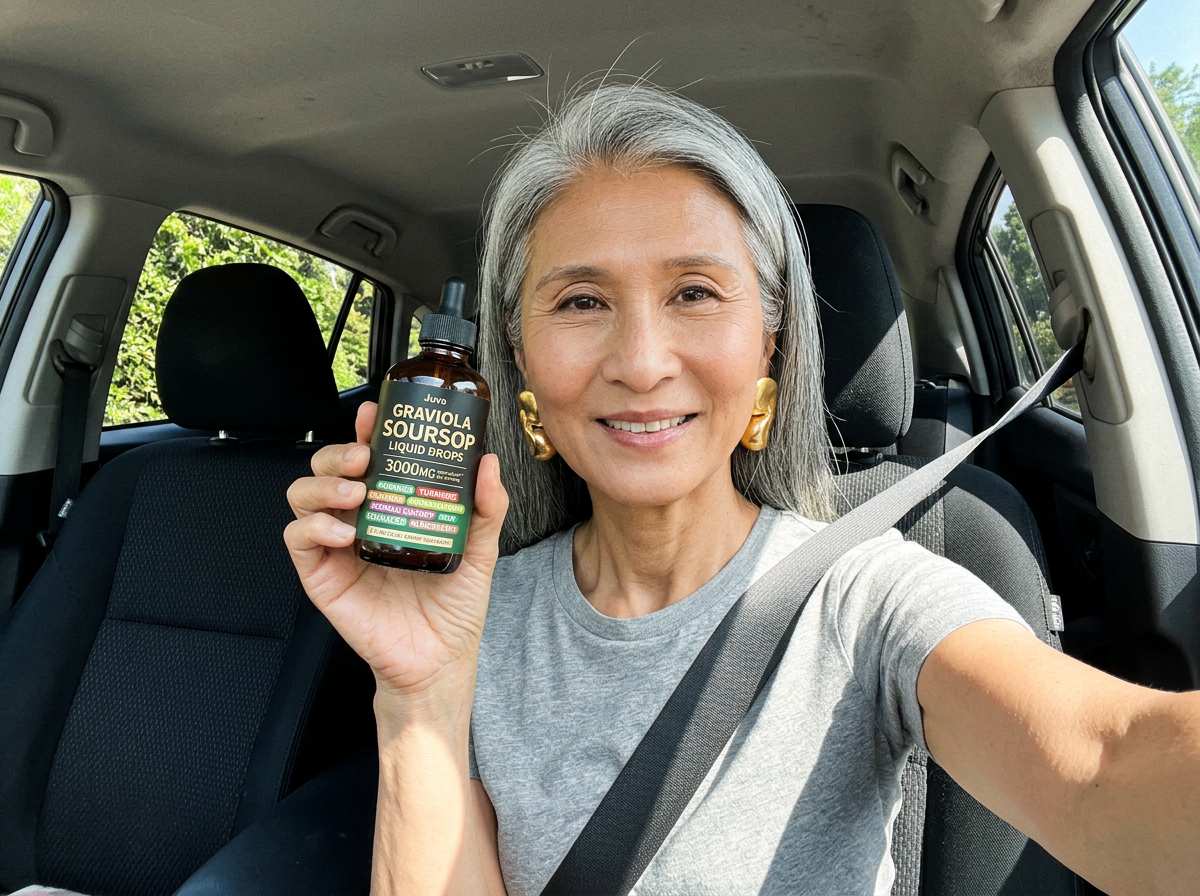 Danielle M., a Juva customer, holding her bottle of Graviola Soursop Liquid Drops