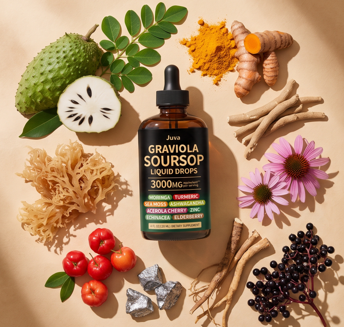 Juva Graviola Soursop Liquid Drops surrounded by its whole ingredients: soursop fruit, moringa, turmeric, sea moss, ashwagandha, acerola cherry, echinacea and elderberry