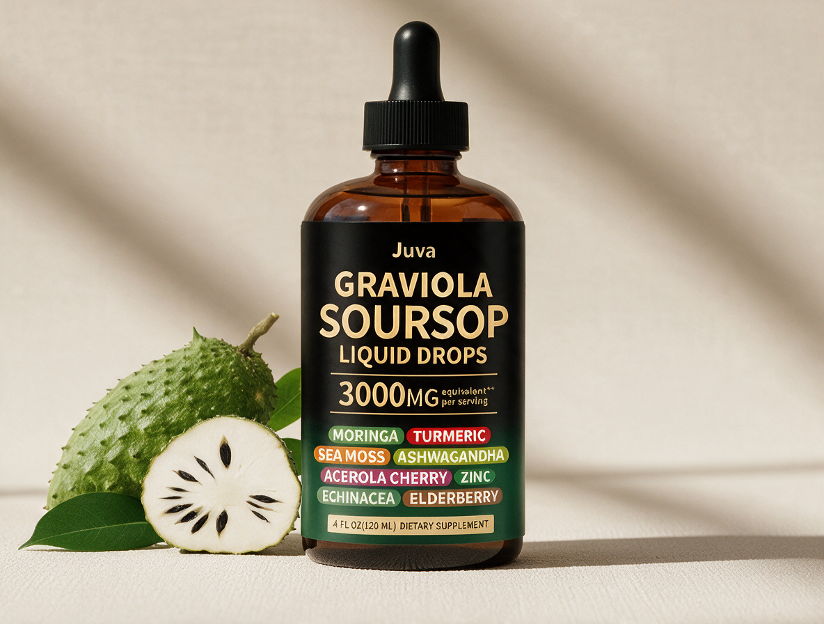Juva Graviola Soursop Liquid Drops in a tall amber glass dropper bottle, beside a whole and halved green soursop fruit on a cream backdrop in soft window light