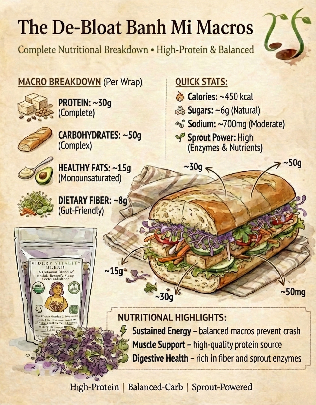 Illustrated banh mi sandwich with nutritional information and macro breakdown