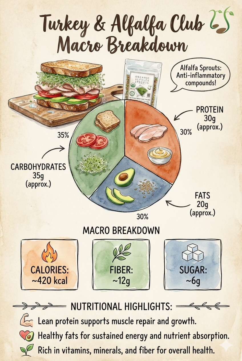 Sandwich with a pie chart showing carbohydrates 35g, protein 30g, fats 20g, plus calories, fiber, sugar and nutritional highlights
