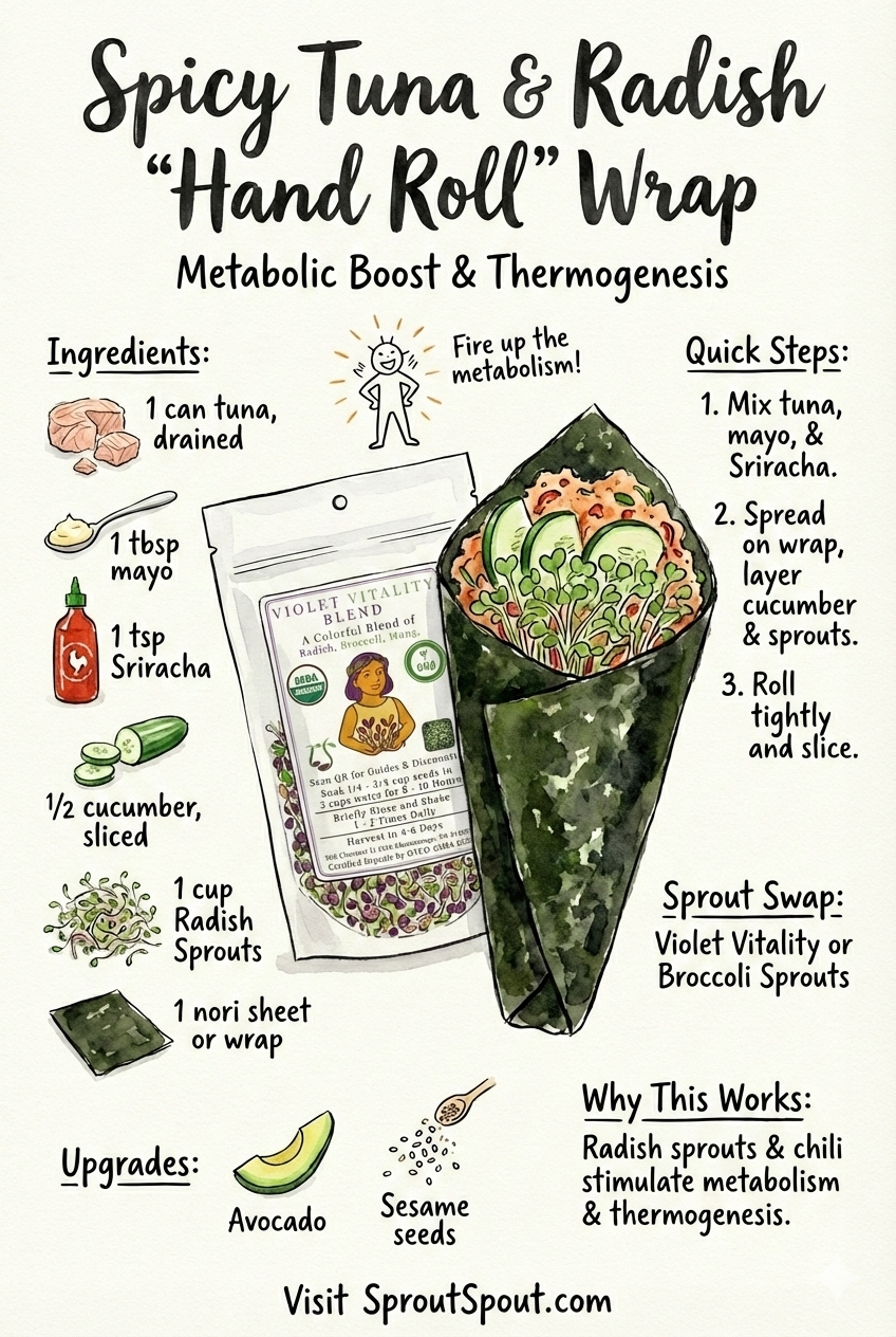 Illustrated recipe for a spicy tuna and radish hand roll wrap with ingredients, steps, and benefits.
