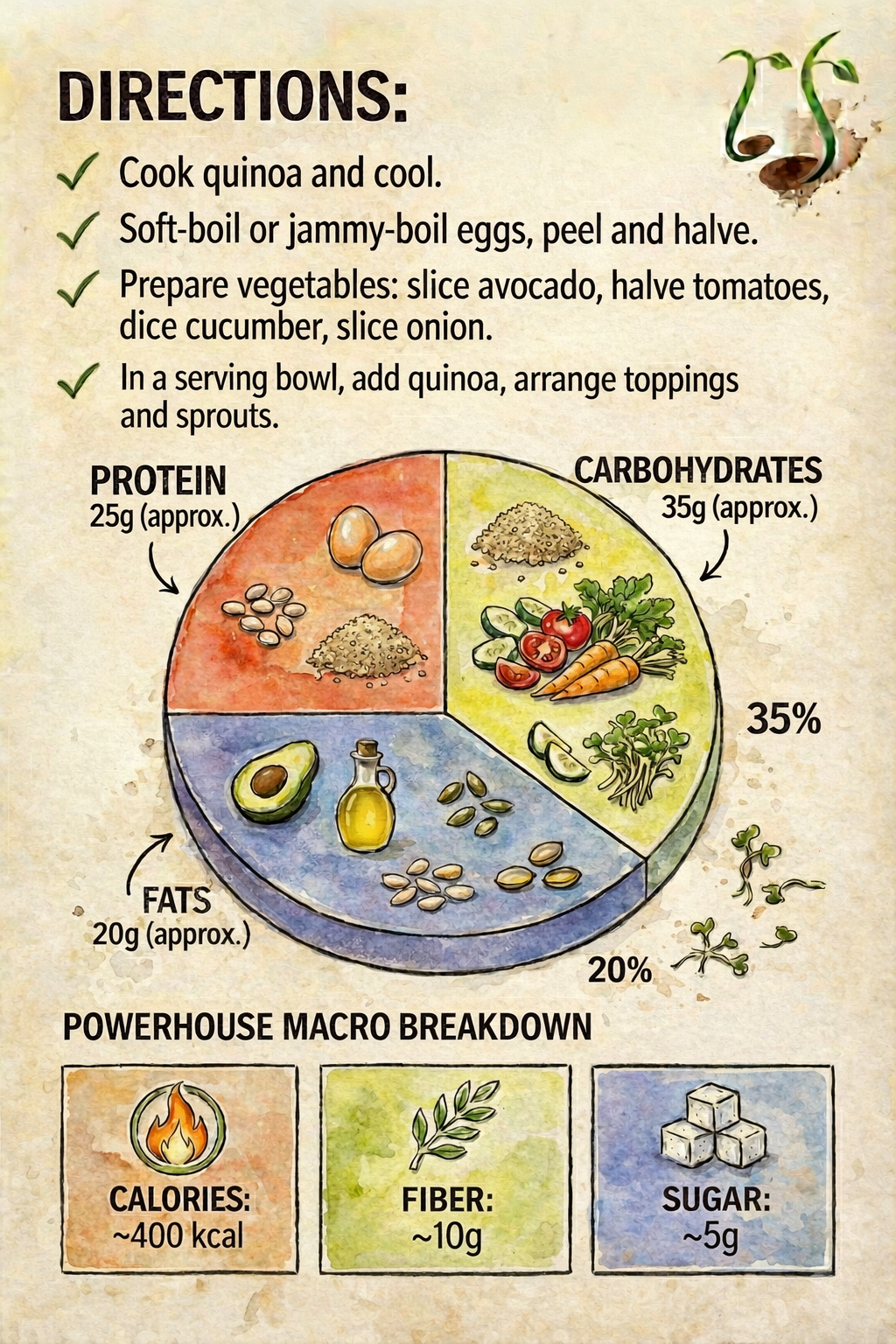 Illustration of a plate with protein, fats, carbohydrates portions and preparation directions