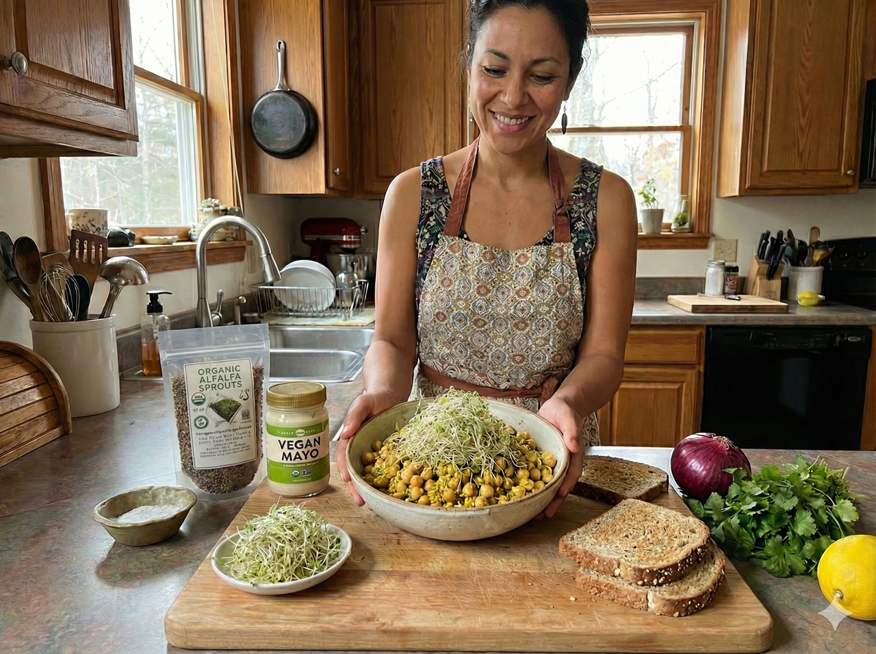 Smiling woman in kitchen holding bowl of chickpeas topped with alfalfa sprouts, surrounded by ingredients