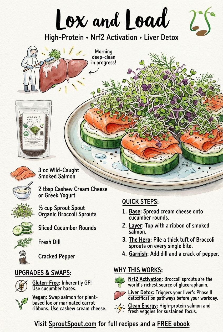 Plate with cucumber rounds topped with smoked salmon, cream cheese, broccoli sprouts, dill, and pepper; recipe details