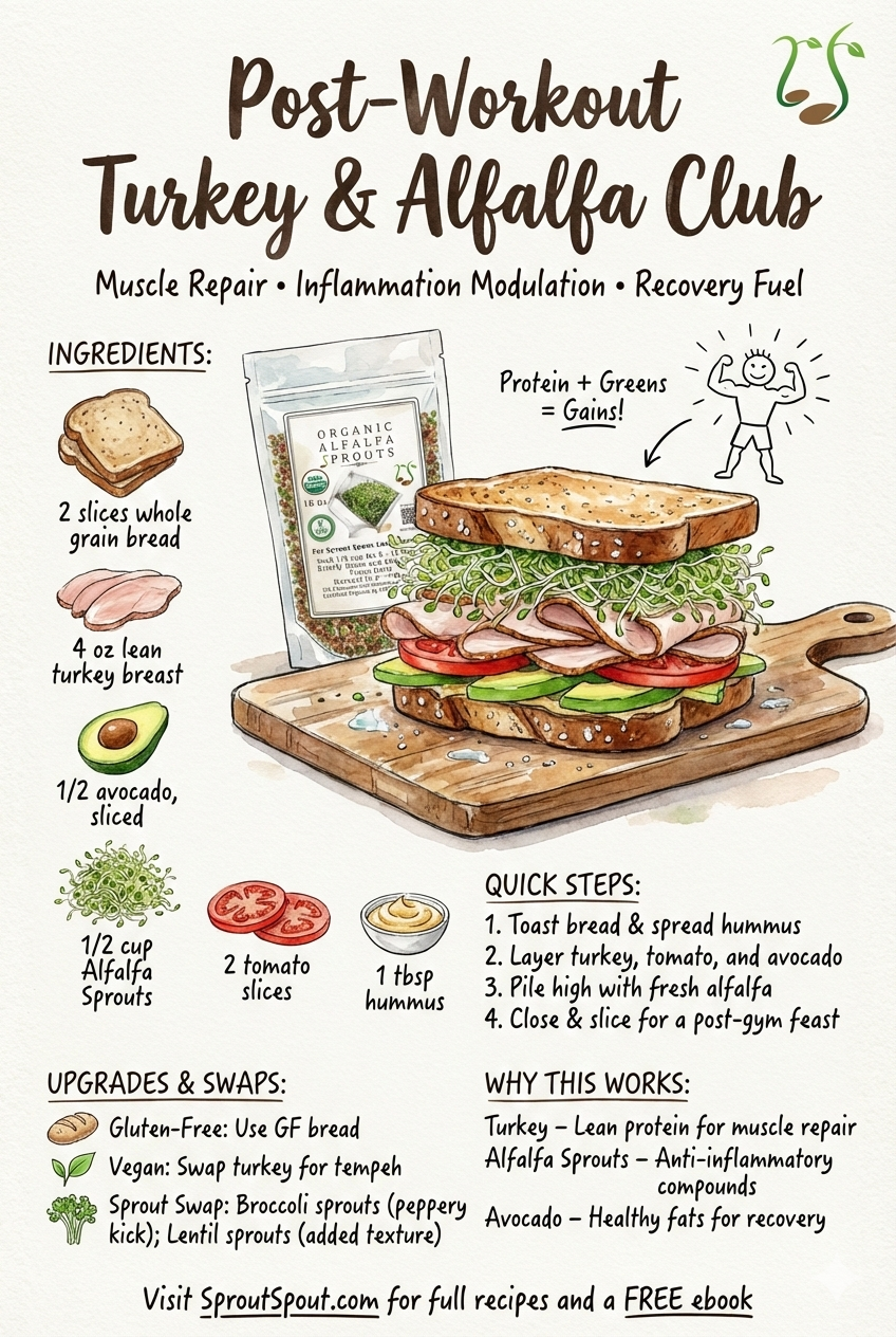 Illustration of a turkey and alfalfa club sandwich with ingredients and steps for muscle repair and recovery