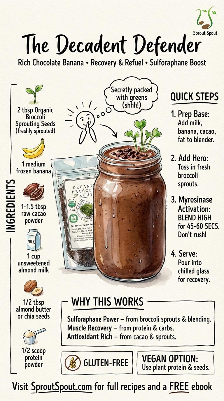 The Decadent Defender infographic featuring a chocolate banana smoothie, ingredients list, and a bag of Sprout Spout organic broccoli sprouting seeds.