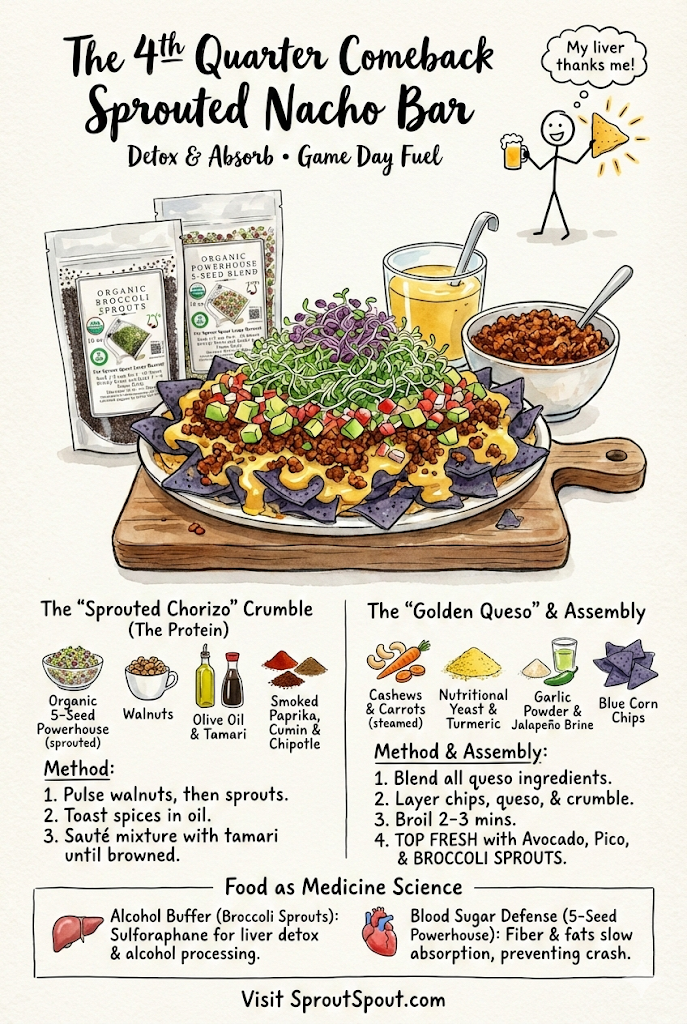 Illustration of sprouted nacho bar with ingredients, method, and health benefits explained