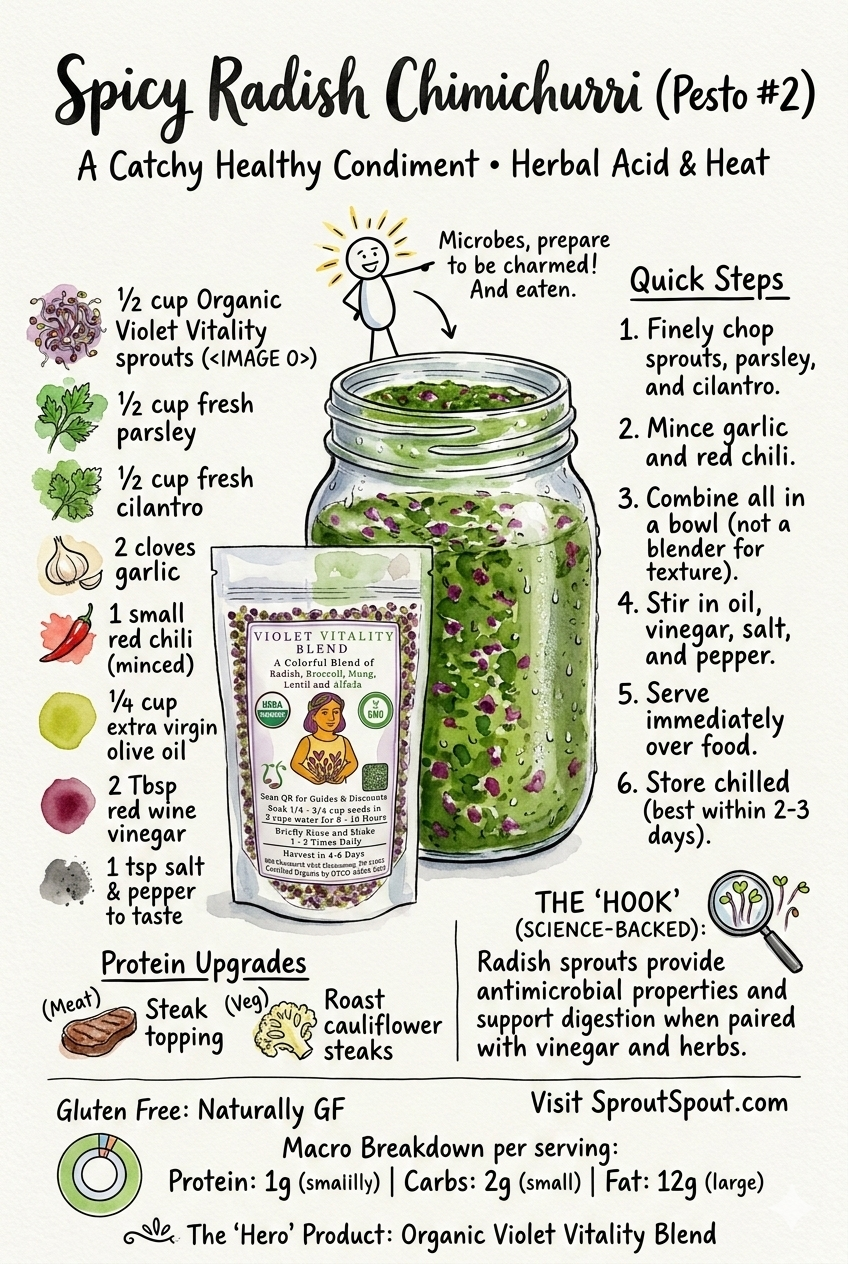 Jar of spicy radish chimichurri with ingredients and preparation steps illustrated