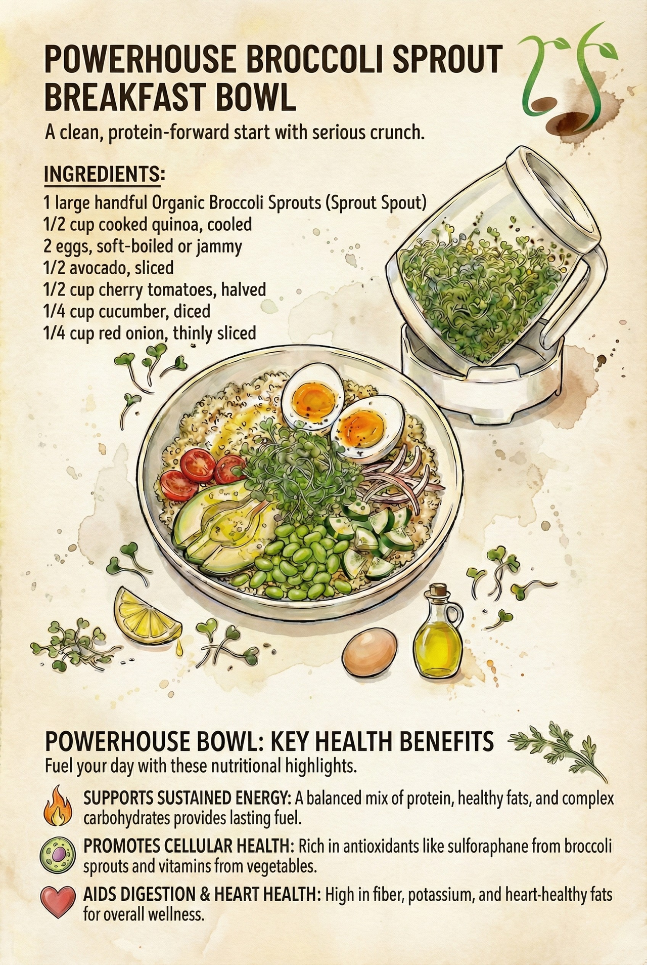 Illustration of a breakfast bowl with broccoli sprouts, eggs, avocado, tomatoes, and a blender beside it