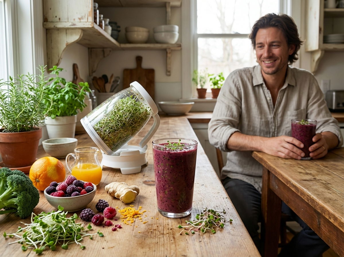 A man sitting at a wooden table holding a purple smoothie with fresh ingredients and microgreens on the counter