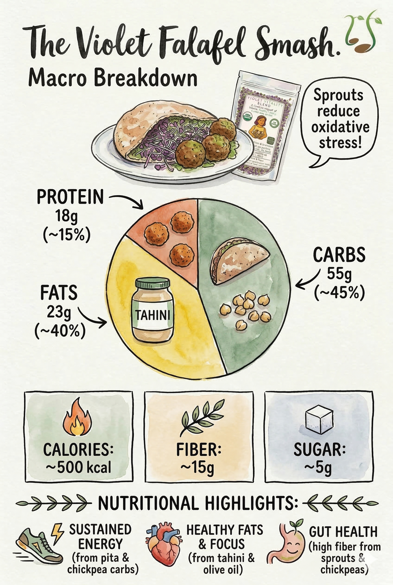 Illustration showing the macro nutrient breakdown and nutritional highlights of The Violet Falafel Smash dish.