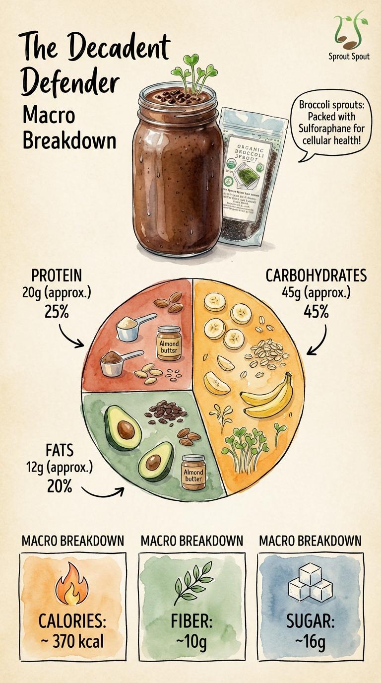 Pie chart and details showing protein, fats, carbohydrates, calories, fiber and sugar in The Decadent Defender dessert