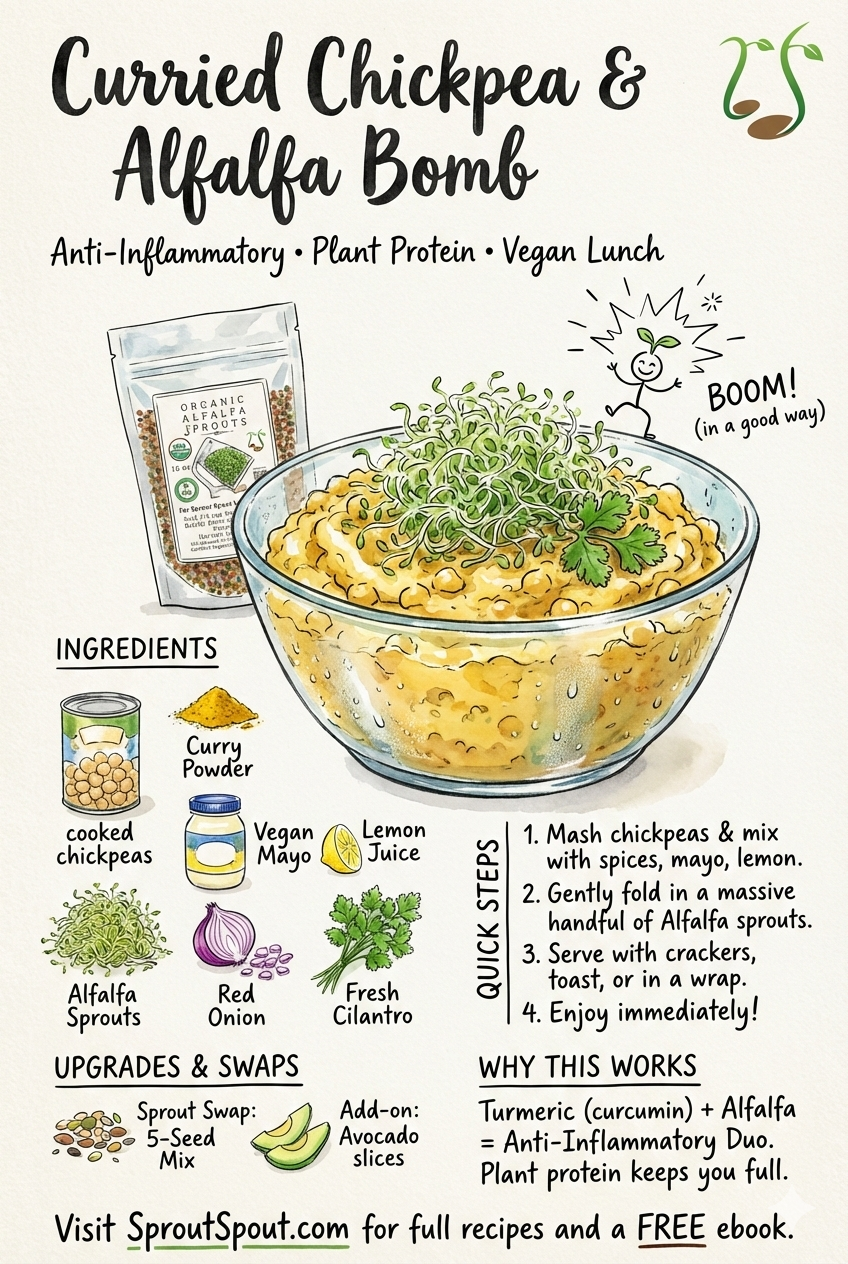 Illustrated recipe for curried chickpea and alfalfa dish with ingredients and steps