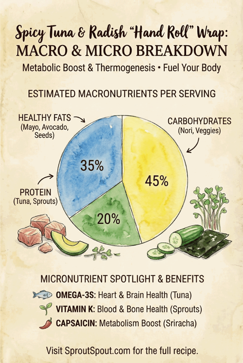 Pie chart showing 45% carbs, 35% healthy fats, 20% protein in spicy tuna & radish wrap with micronutrient benefits