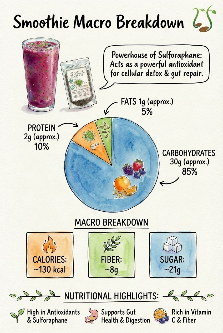 Illustration showing smoothie with macro breakdown pie chart: 85% carbs, 10% protein, 5% fats and nutritional highlights including calories, fiber, and sugar.