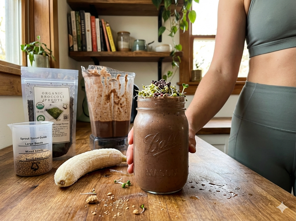 chocolate smoothie topped with fresh broccoli sprouts in a glass jar next to Sprout Spout organic broccoli seeds