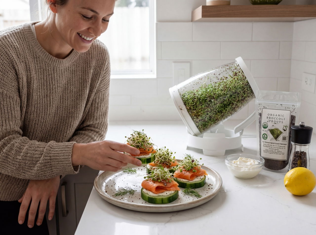 Woman placing sprouts on cucumber slices topped with smoked salmon on a tray in a kitchen