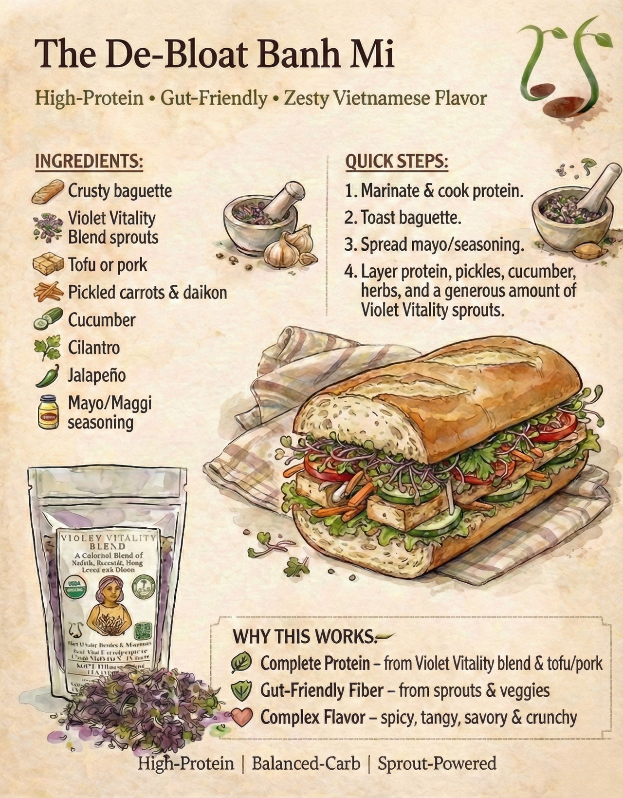 Illustration of a Vietnamese banh mi sandwich with ingredients and recipe steps