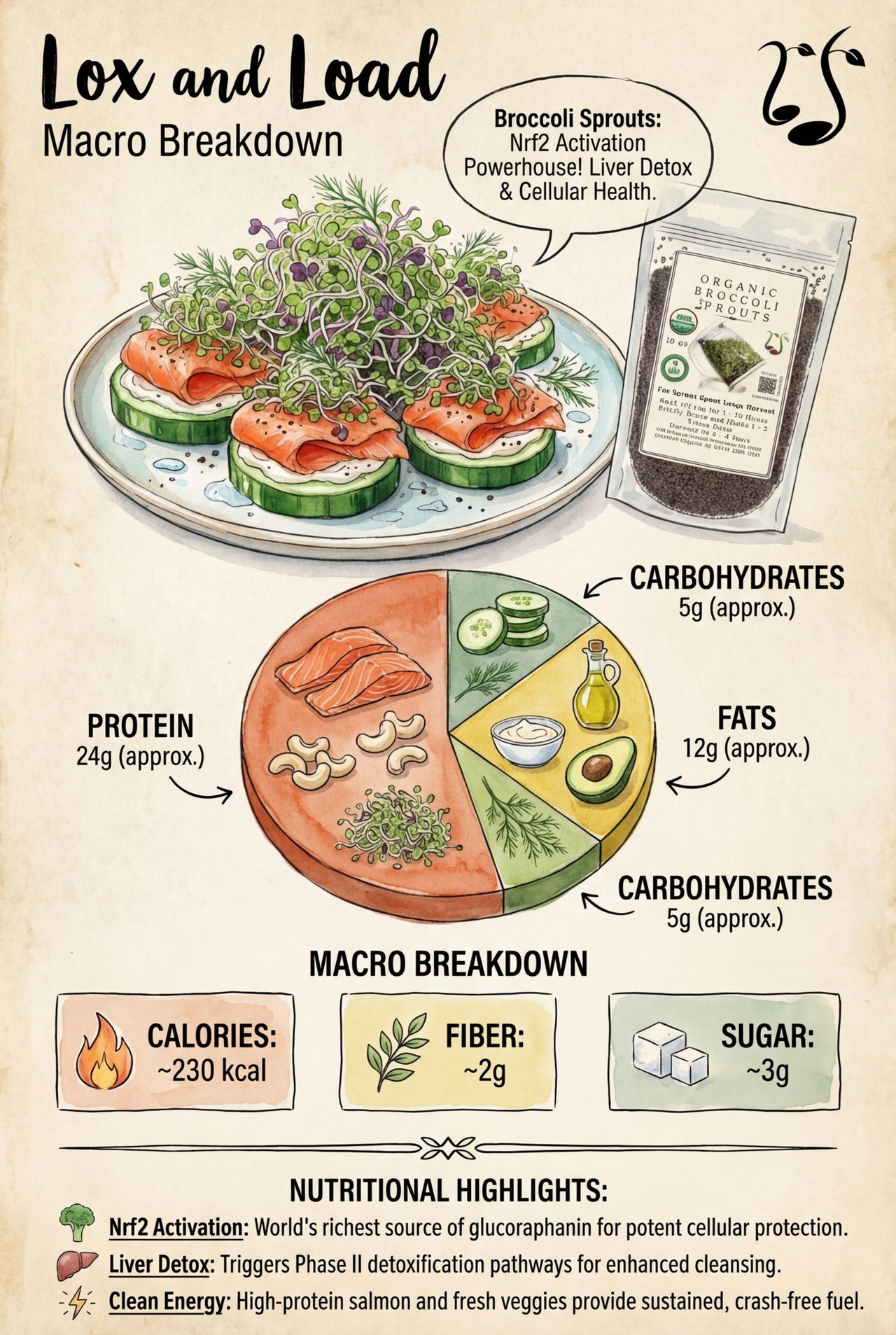 Plate with lox, cucumber, broccoli sprouts, and macro breakdown chart with nutritional highlights