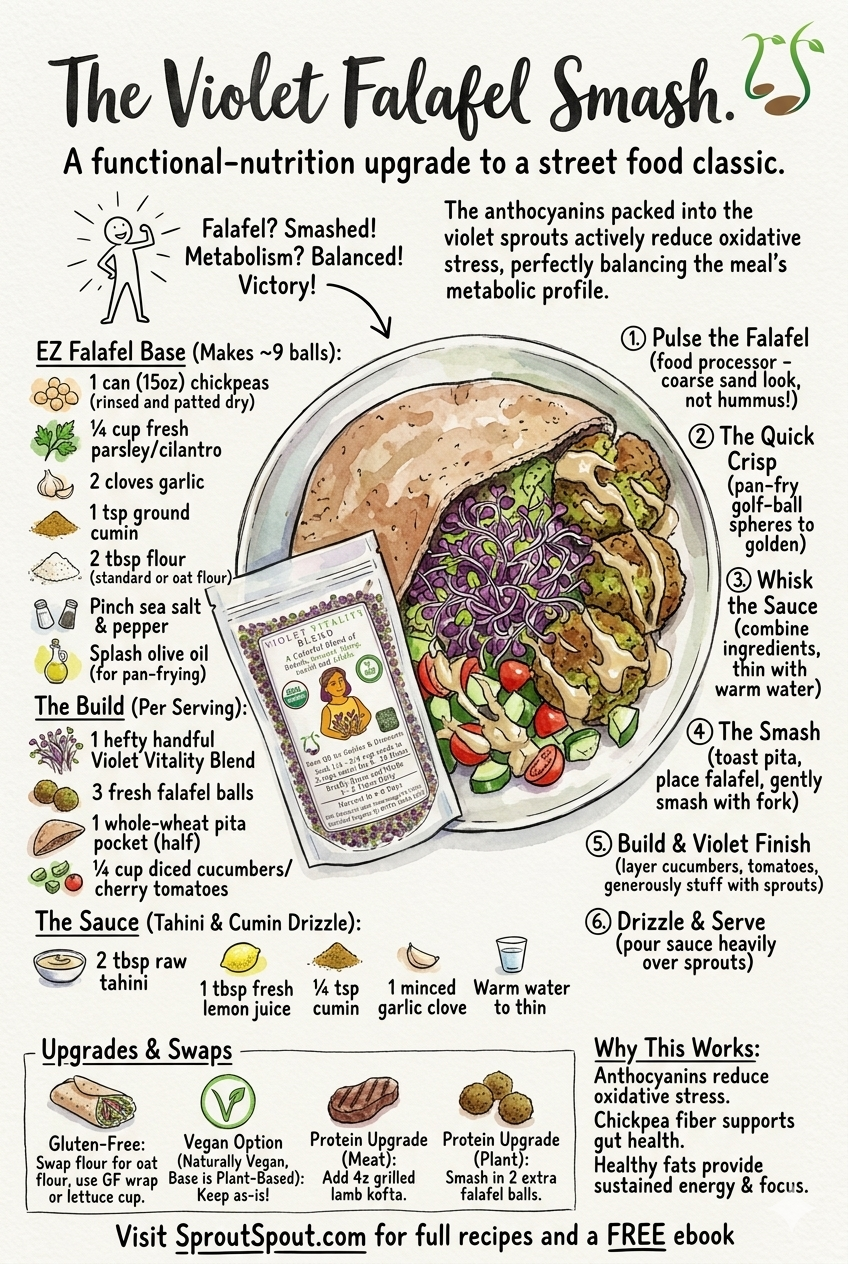 Illustration of a plated violet falafel sandwich with recipe steps and nutrition notes