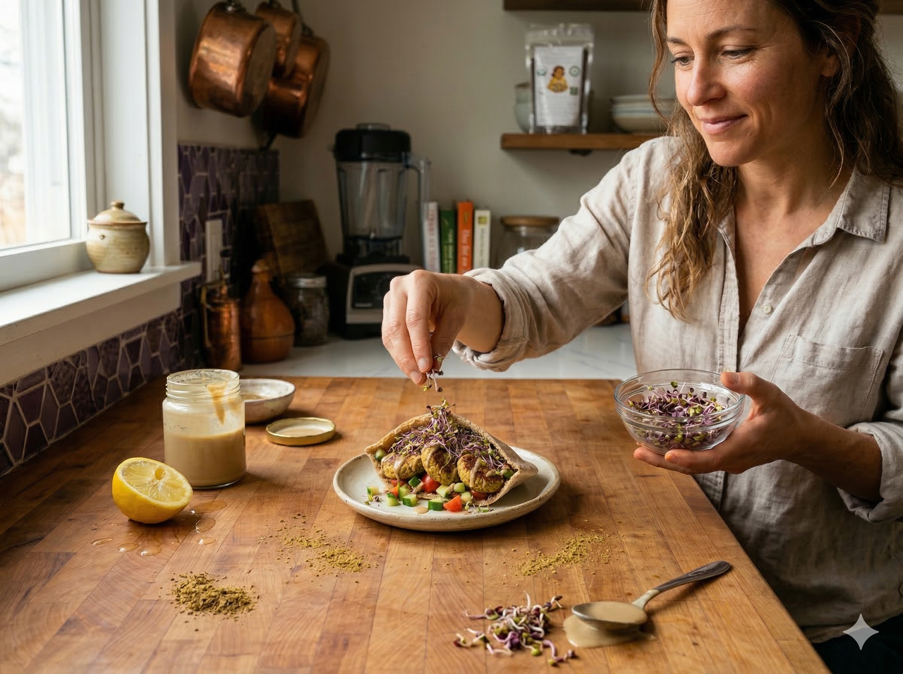 A woman adding sprouts onto a plated meal with vegetables and sauce in a cozy kitchen