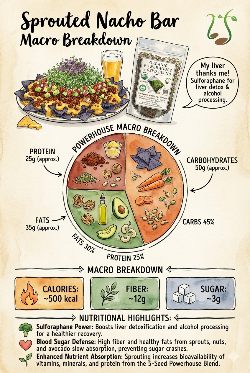 Illustration showing macro breakdown and nutritional highlights of a sprouted nacho bar with ingredients and benefits.