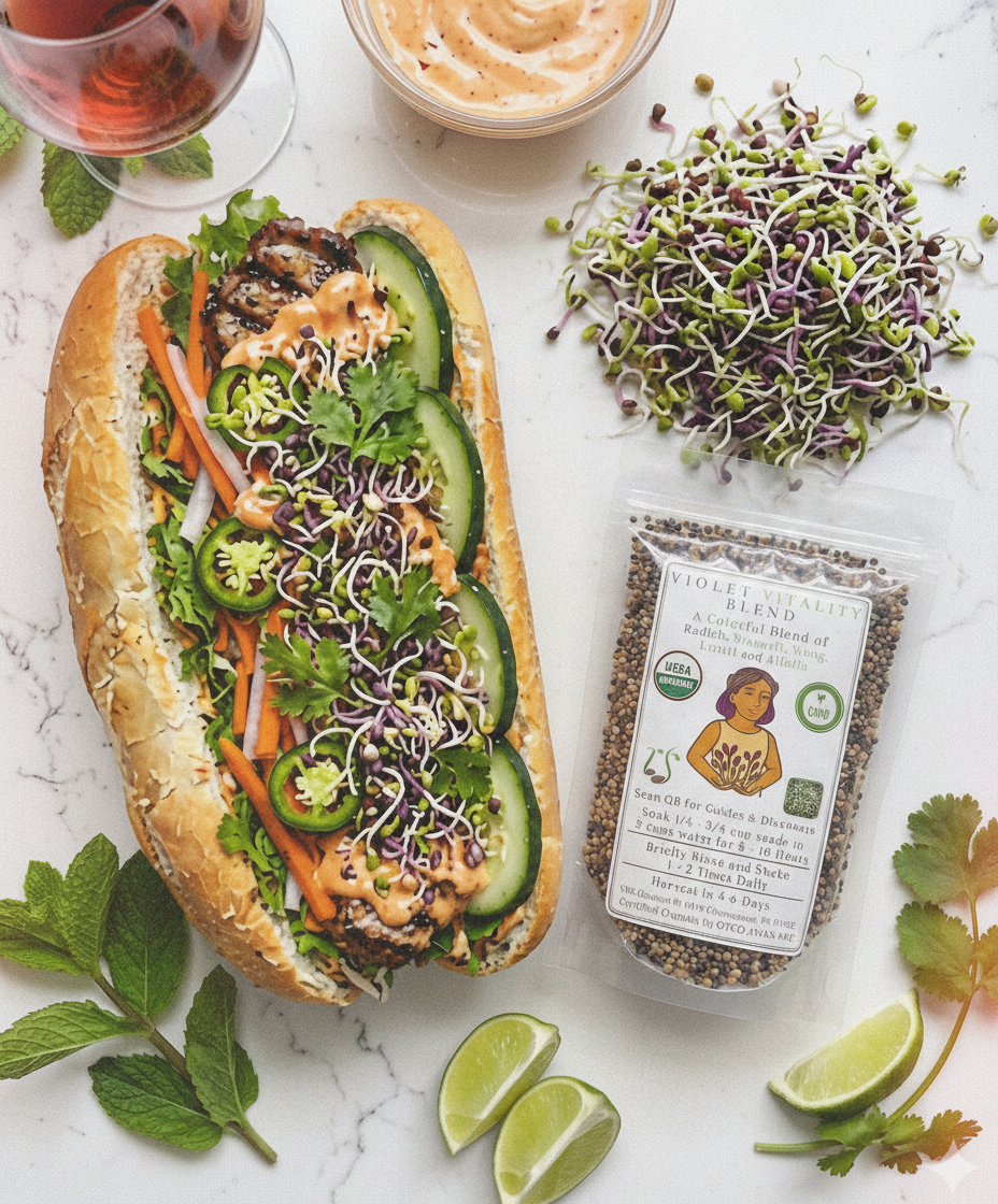 Sandwich with grilled chicken, cucumber, jalapenos, sprouts, cilantro, carrot, and sauce, next to a packet of Violet Vitality Blend seeds and lime wedges