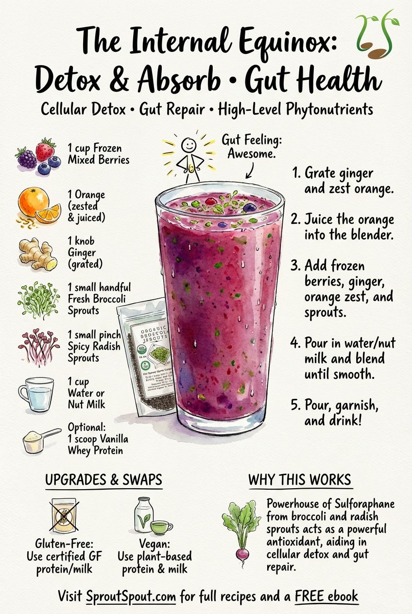 Illustration of a detox smoothie with ingredients and step-by-step gut health recipe
