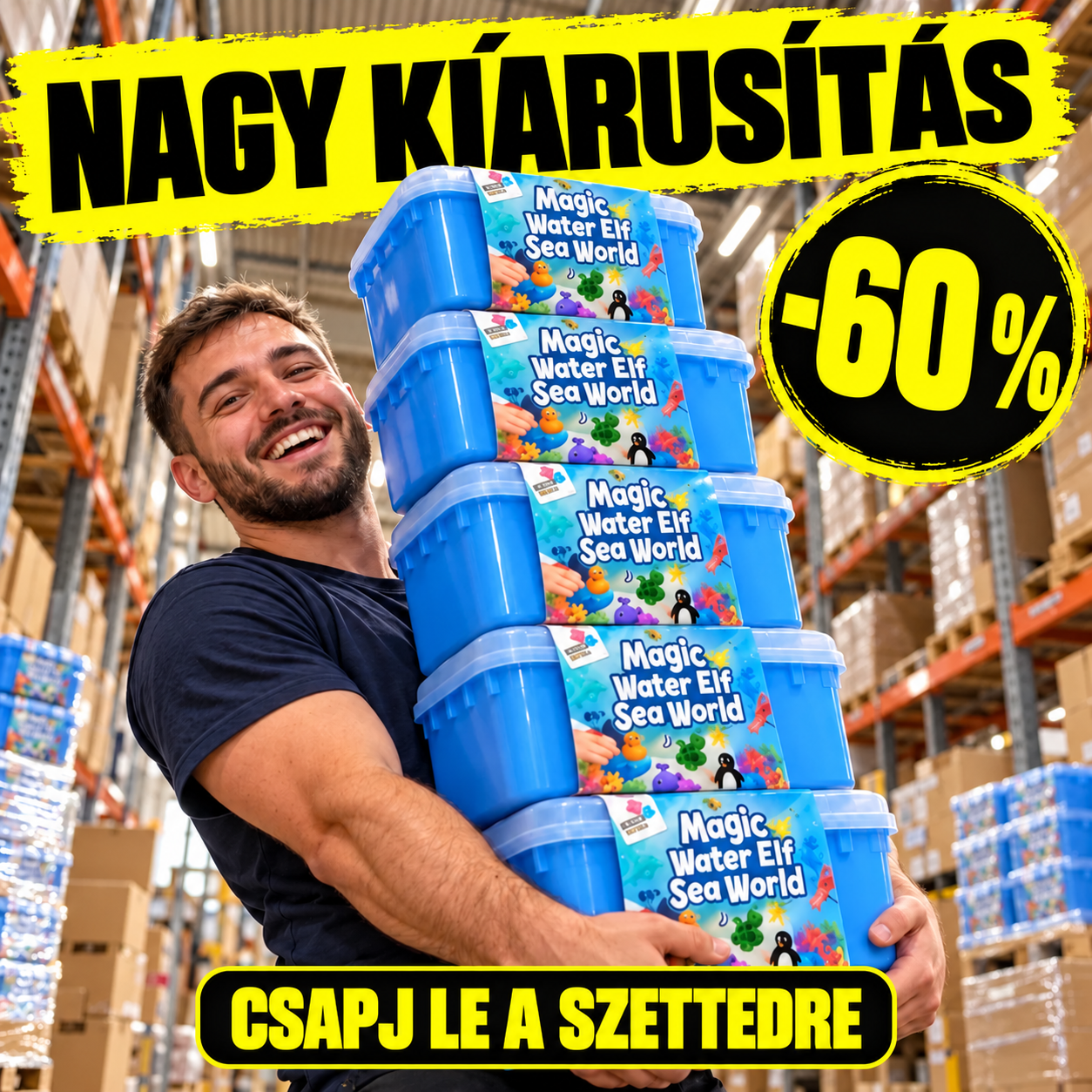 Nagy kiárusítás -60% – mosolygó férfi a raktárban öt doboz Magic Water Elf Sea World készletet visz, csapj le a szettedre