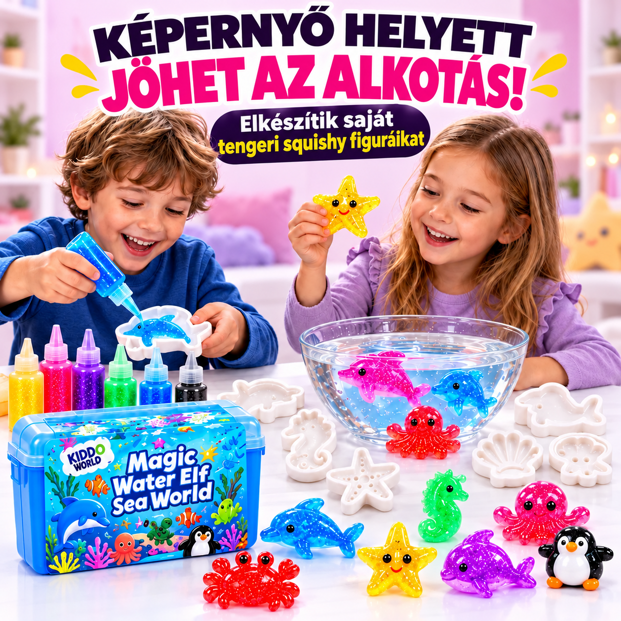 Képernyő helyett jöhet az alkotás – testvérek saját csillogó tengeri squishy figurákat készítenek a Magic Water Elf Sea World készlettel