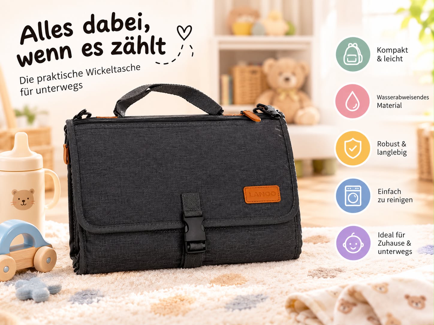 Die Veluna Wickeltasche zusammengeklappt mit Tragegriff
