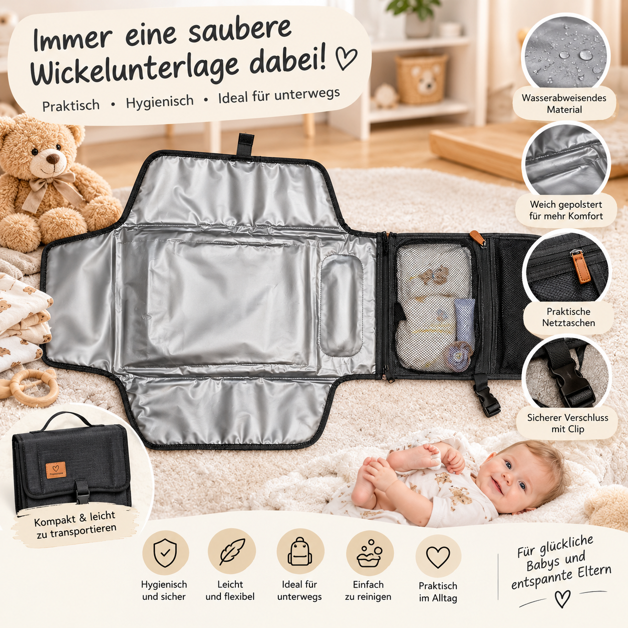 Ausgeklappte Wickelunterlage mit gepolsterter Liegefläche, Netztaschen und Clip-Verschluss